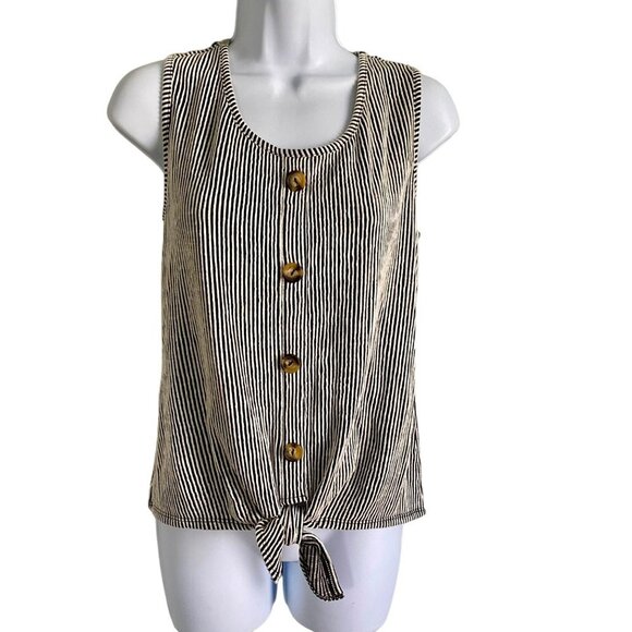Ava James Black White Striped Sleeveless Top Front Tie Faux Buttons Medium NEW - Picture 2 of 10
